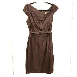 Eva Franco Brown Belted Asymmetric Neckline Dress
